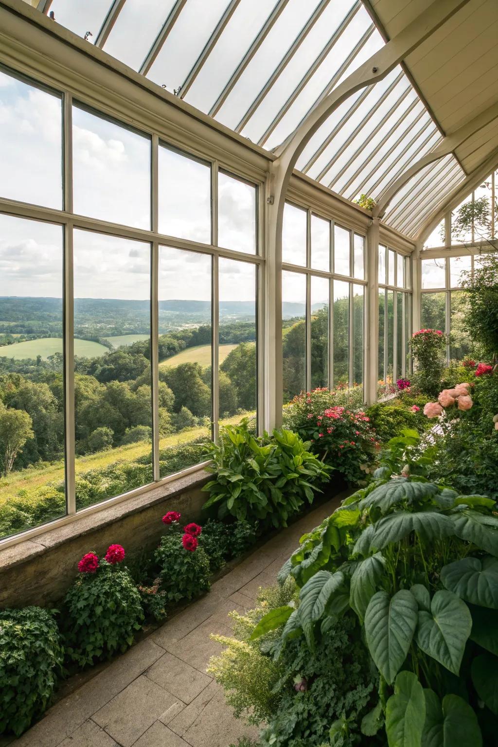 A greenhouse with breathtaking views of the natural surroundings.