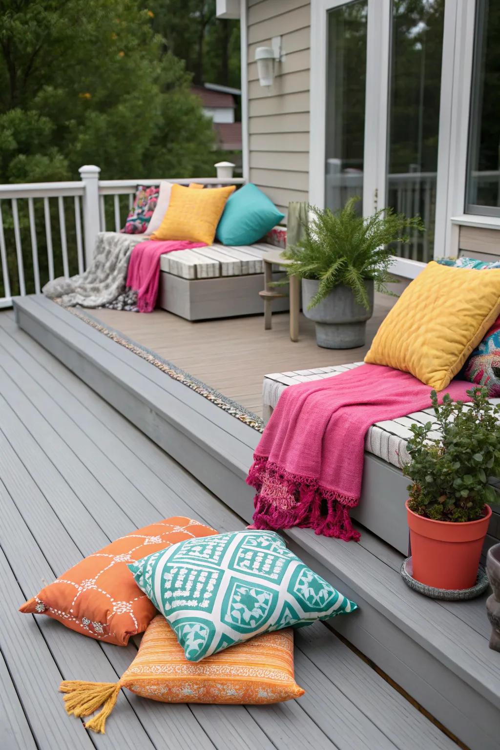 Vibrant accessories bring life to grey composite decking.