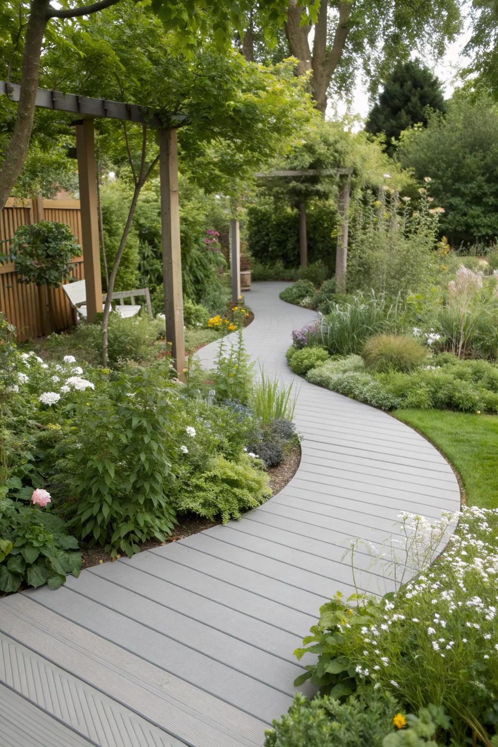 A garden featuring sleek grey composite decking and pathways, enhancing the modern vibe.