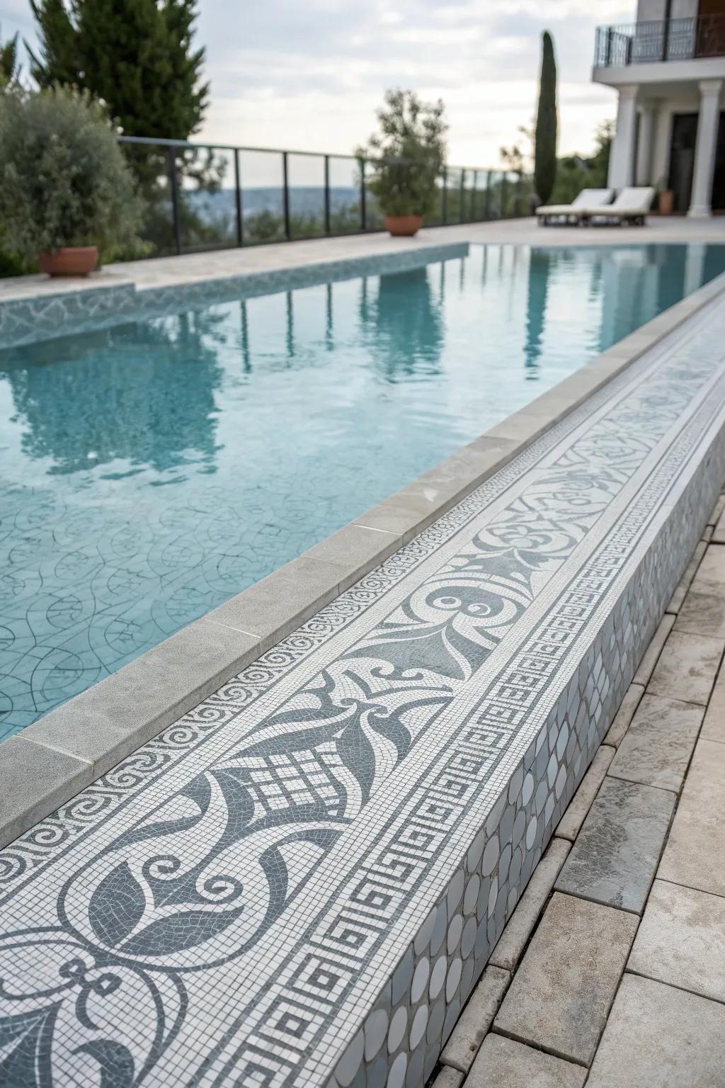 Intricate mosaic design using grey waterline tiles