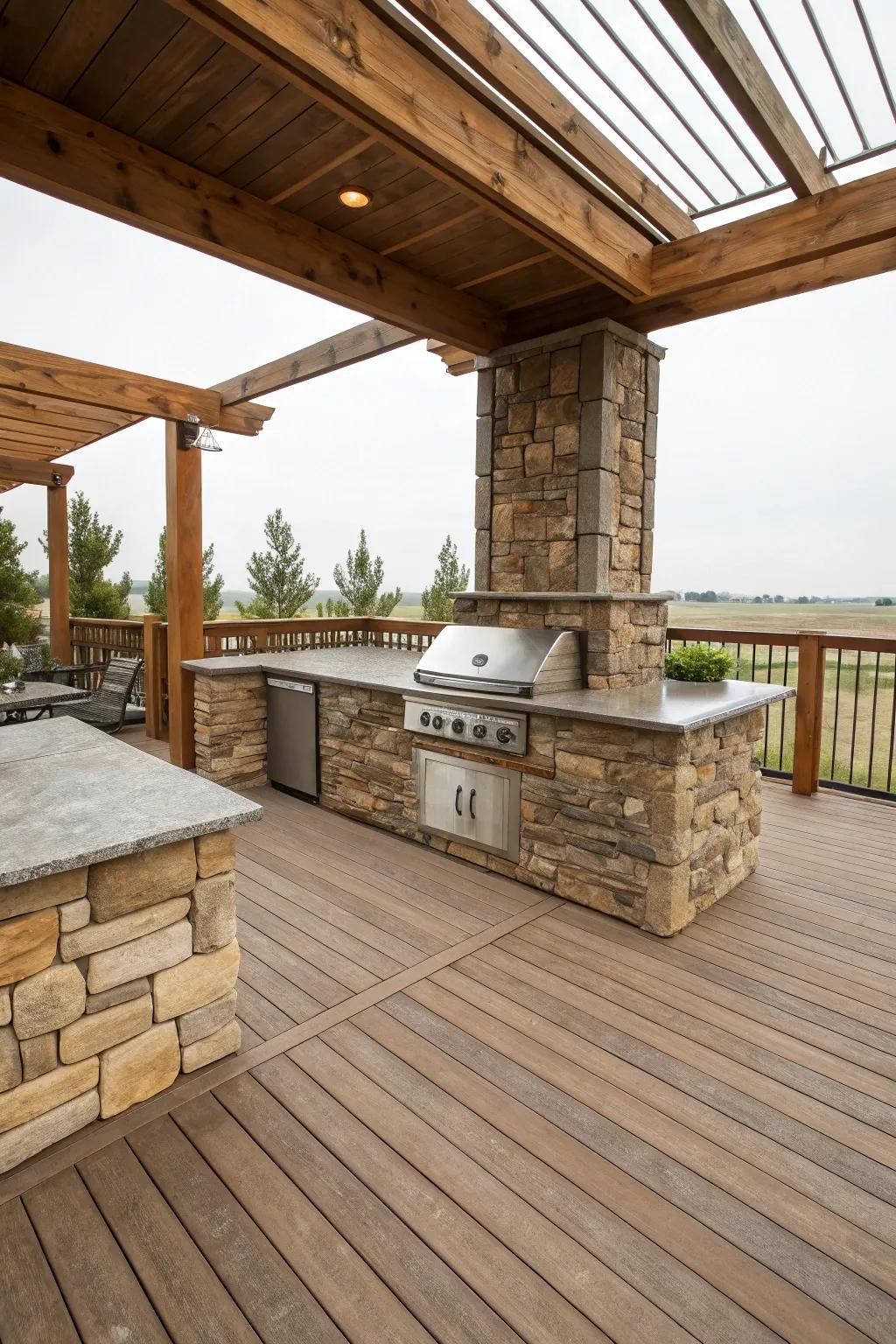 Rustic stone and wood elements enhancing a deck grill area.