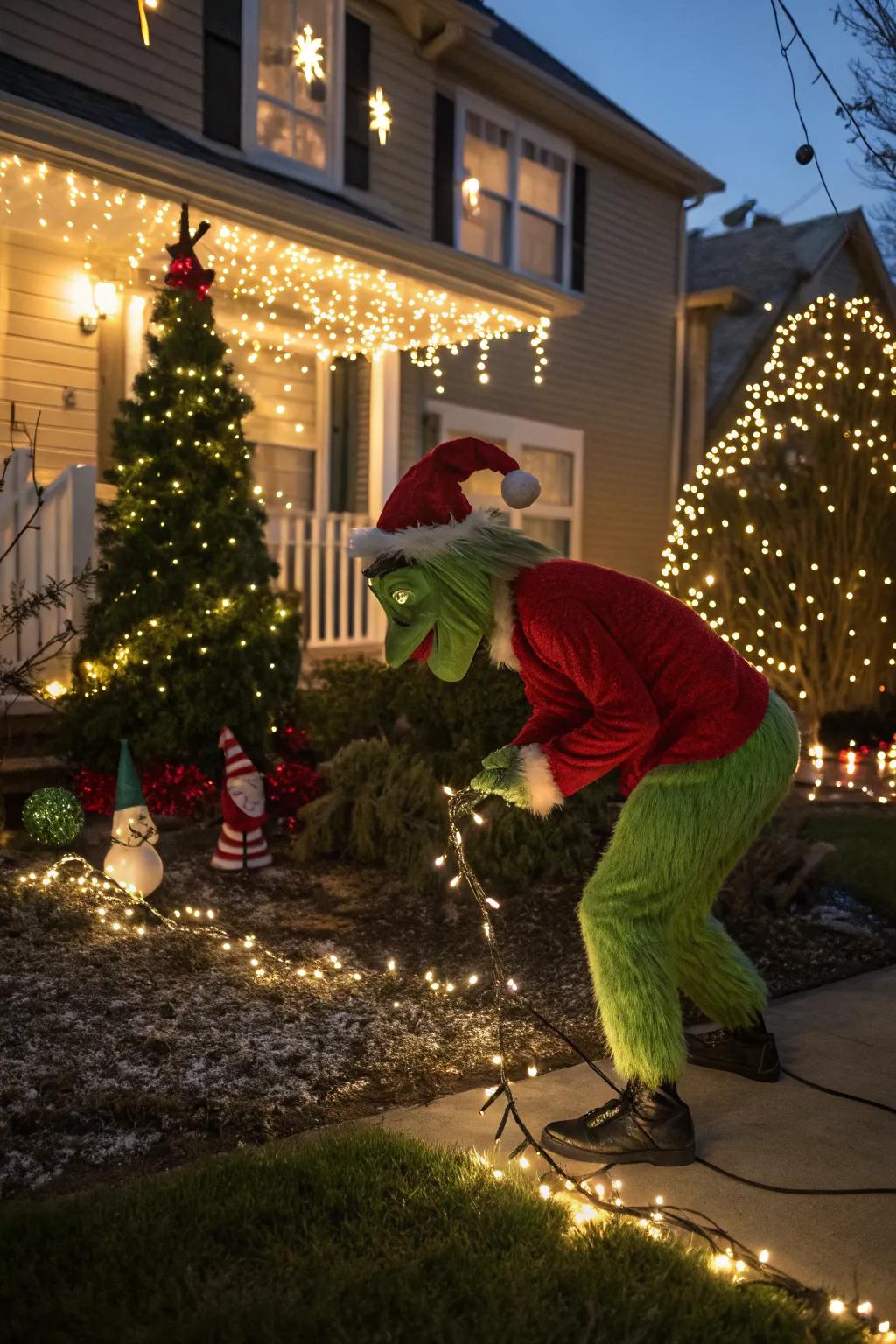 The Grinch mischievously stealing Christmas lights, adding humor to the display.