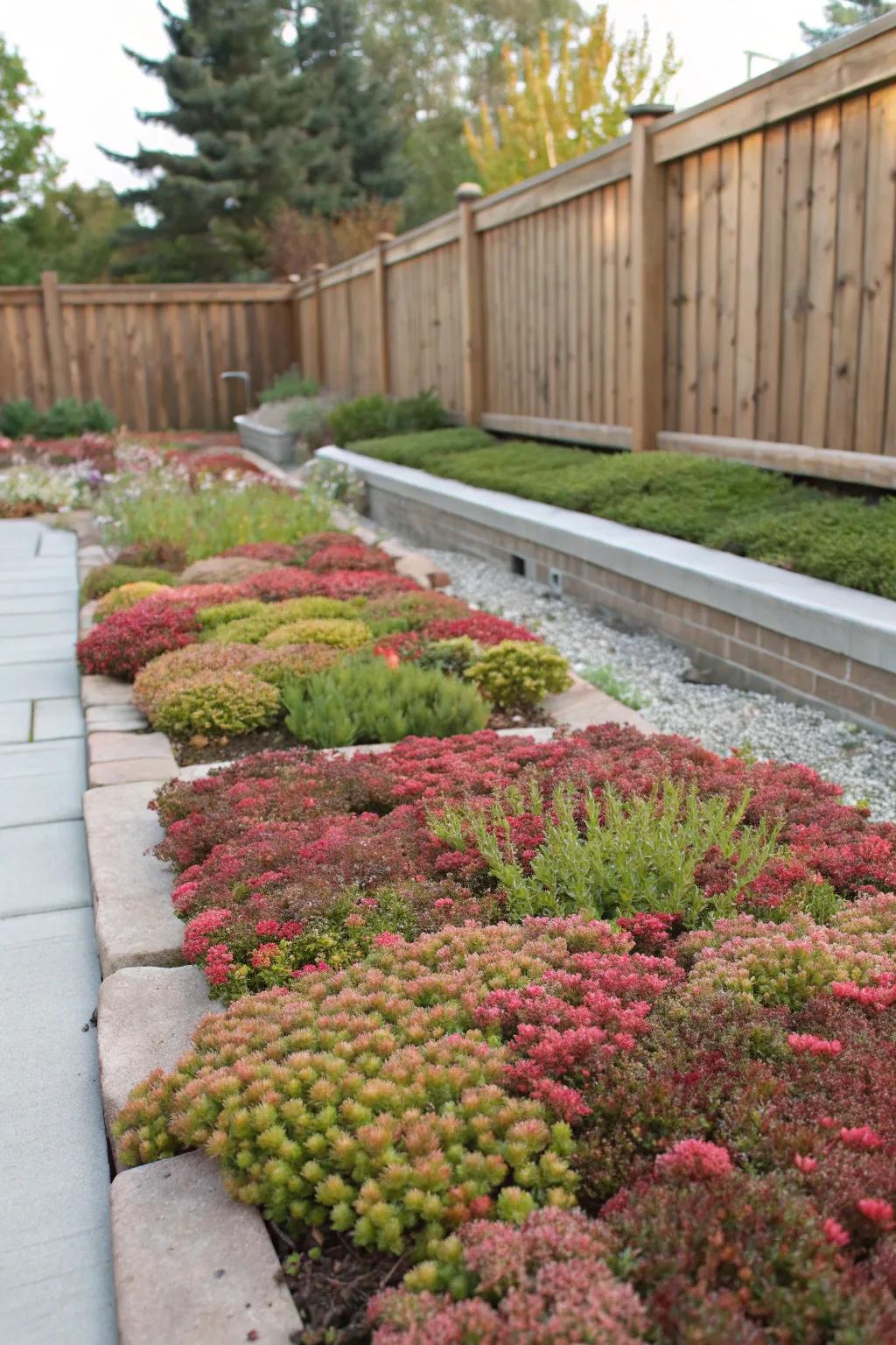 Garden bed showcasing colorful sedum as a dynamic ground cover