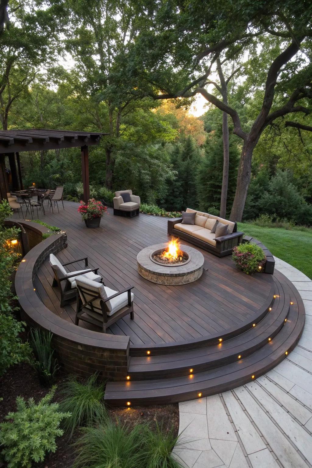 A circular deck layout draws attention to the fire pit.