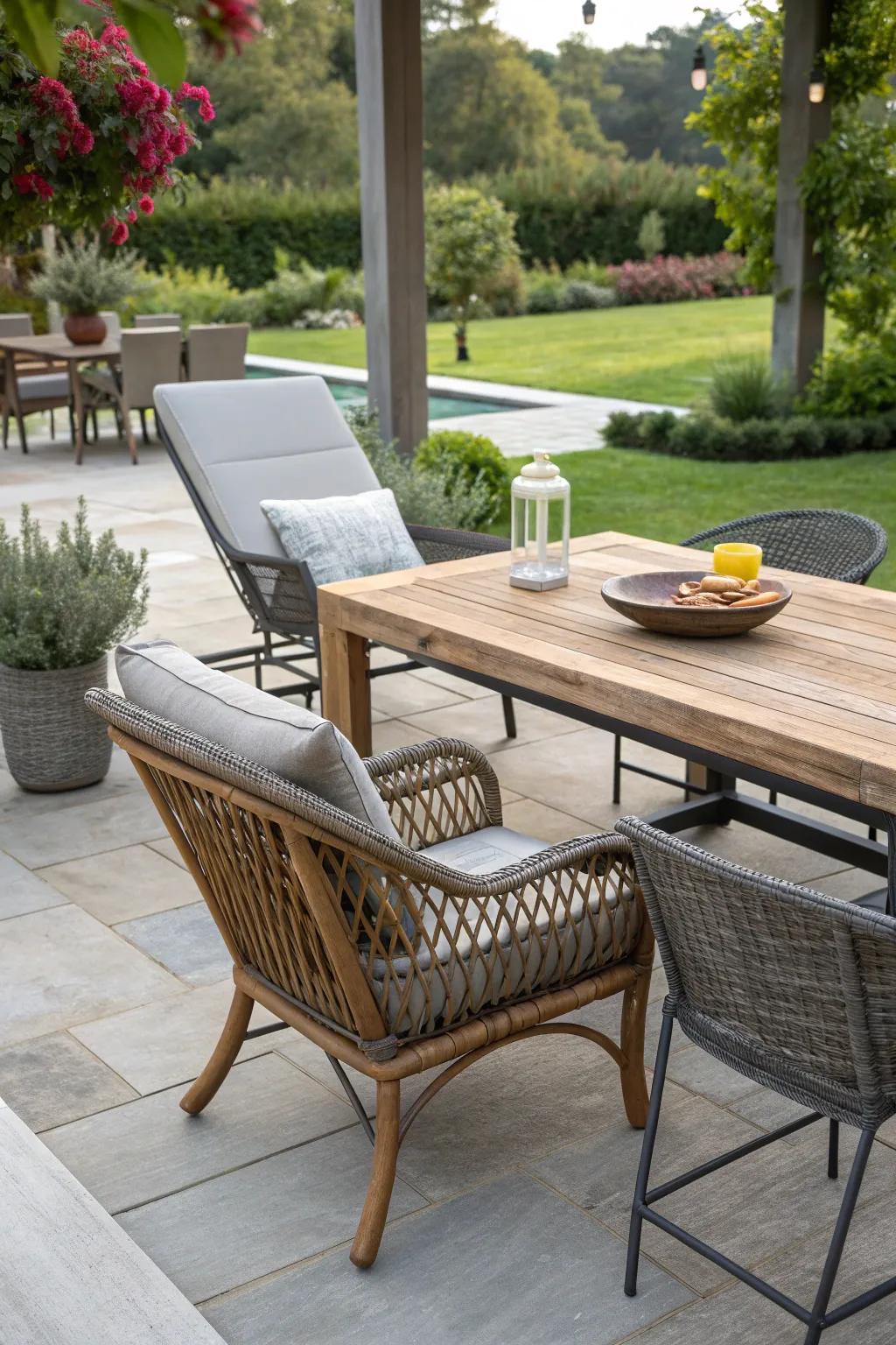 An eclectic mix of wicker, wood, and metal furniture on the patio.