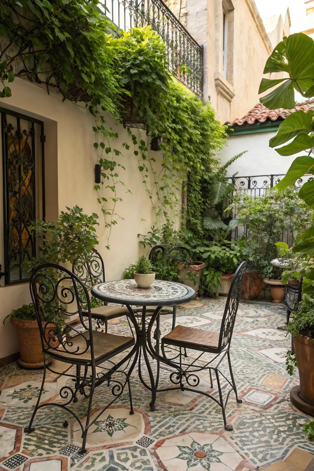 Wrought iron furniture adds sophistication and durability to outdoor spaces.