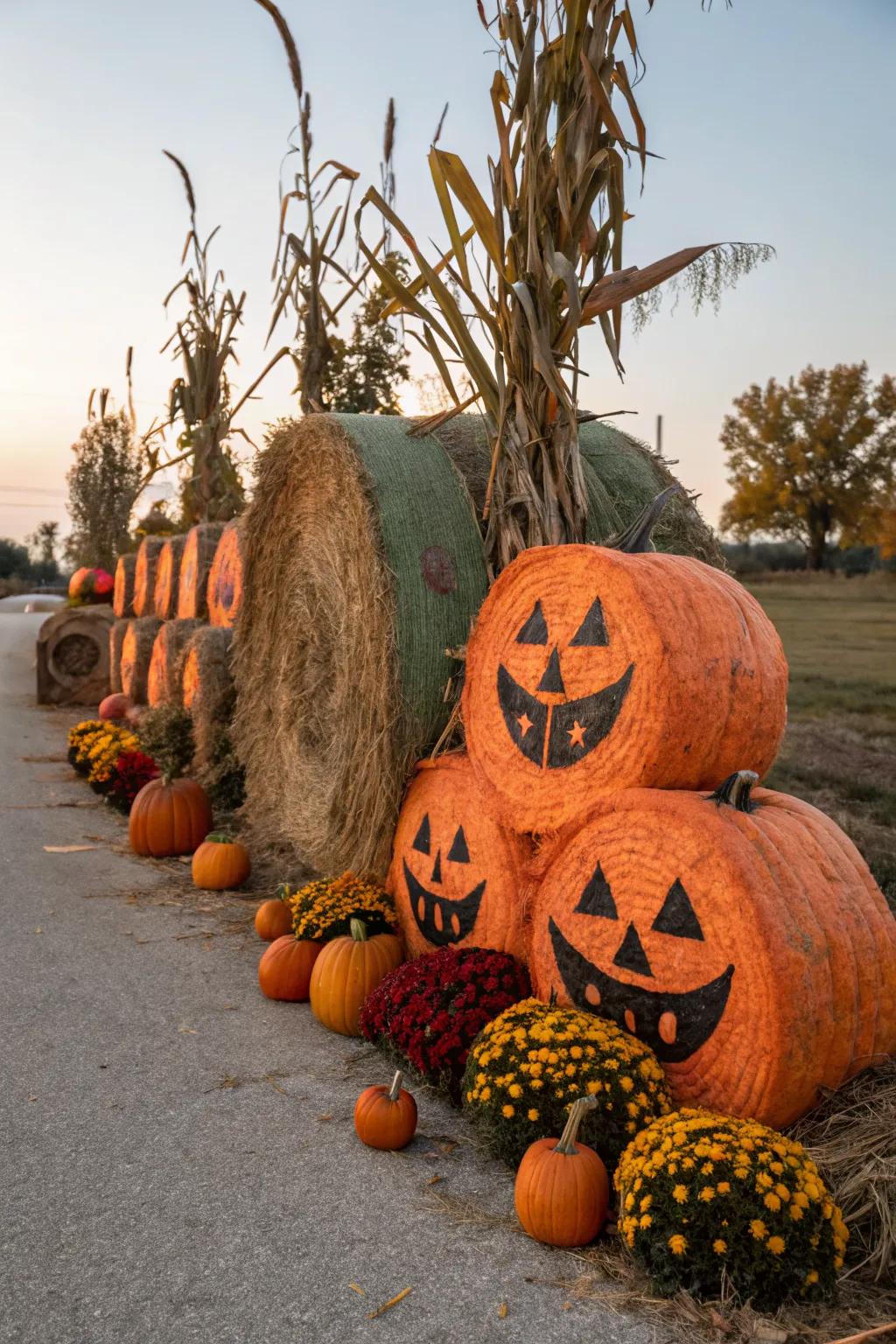 Hay bales become oversized jack-o’-lanterns in this playful display.