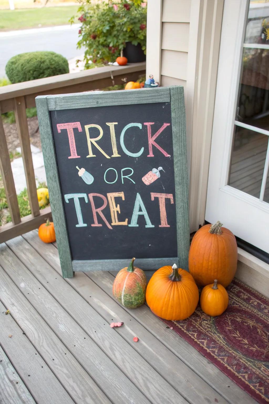 A versatile chalkboard sign that allows for creative Halloween messages.