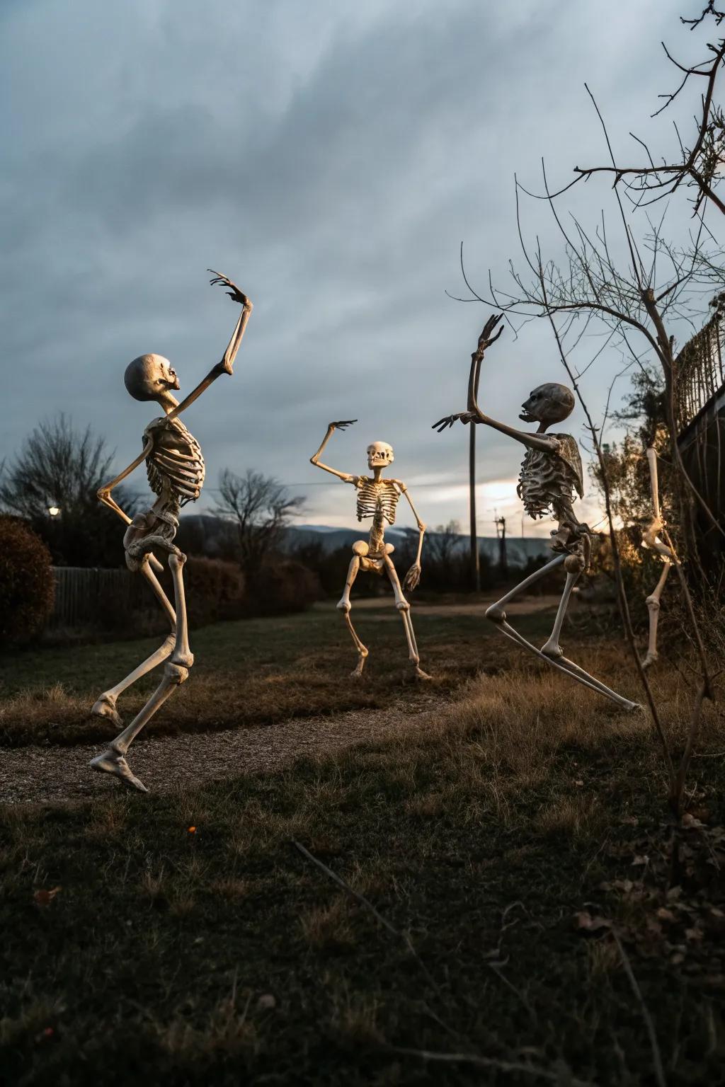 Bring life to your yard with dancing skeletons that seem to move with the Halloween spirit.