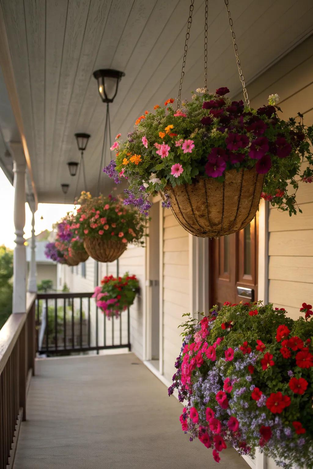 Colorful flowers spill out of hanging baskets, creating a beautiful floating garden.