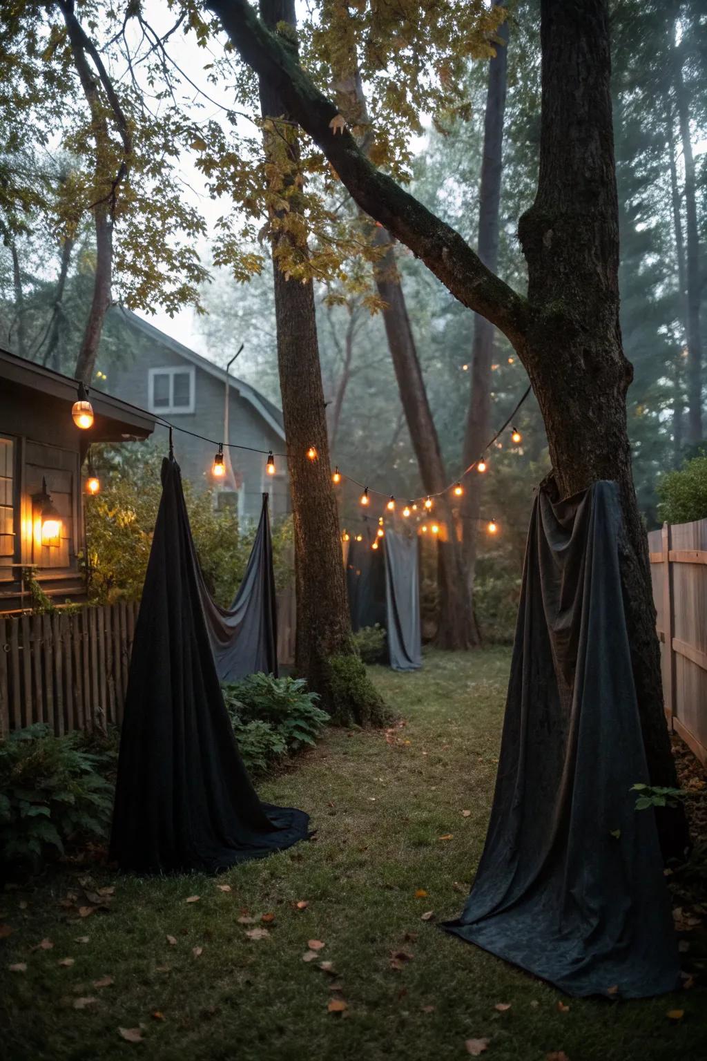 Transform your trees into a haunted forest with fabric and lighting.