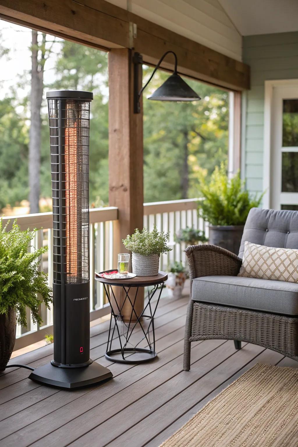 Portable electric heater providing warmth and flexibility on a screened porch.