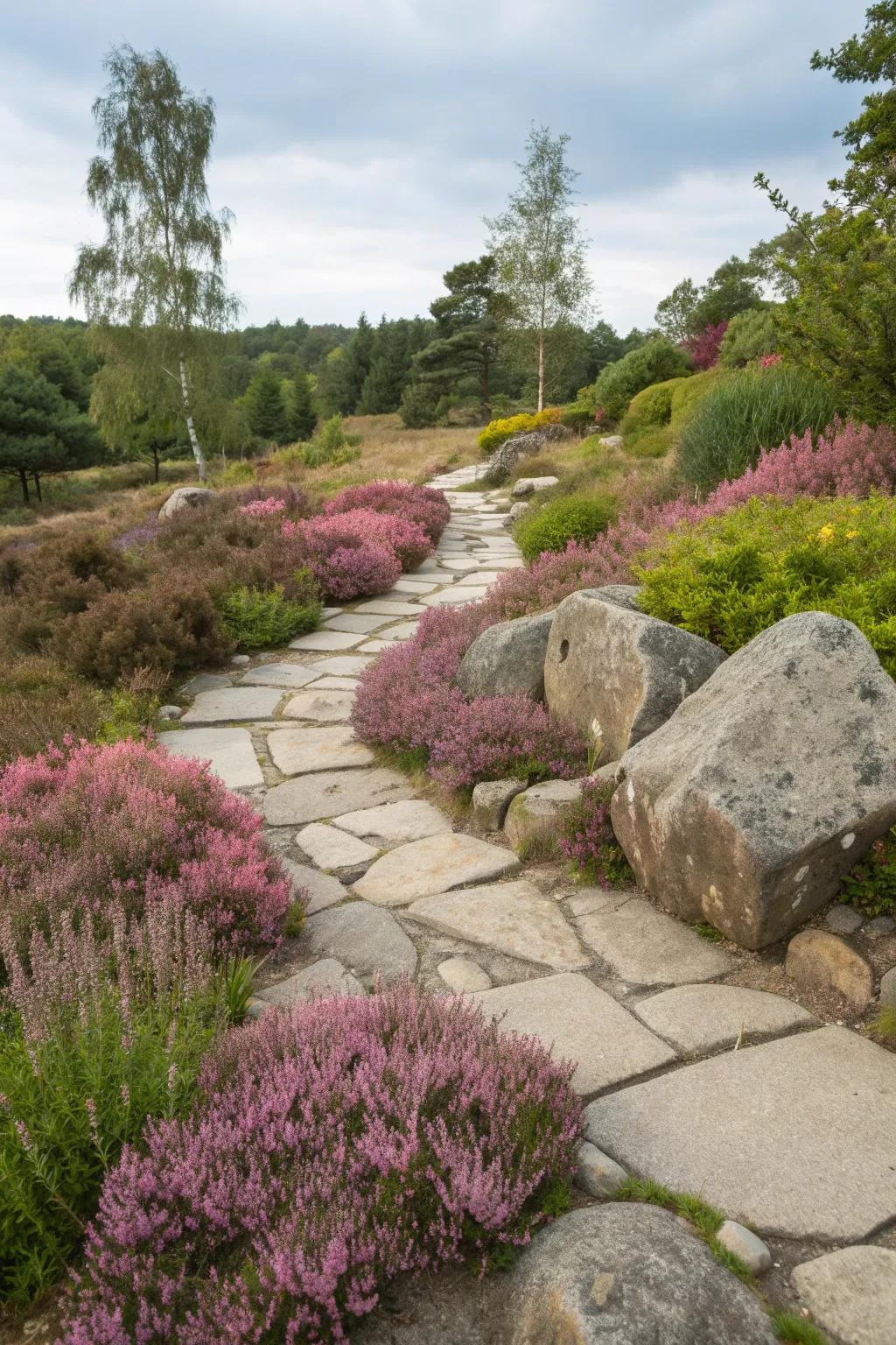 A natural garden setting with heathers and stone elements.