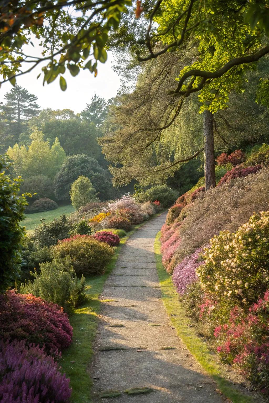 A picturesque path lined with heathers.