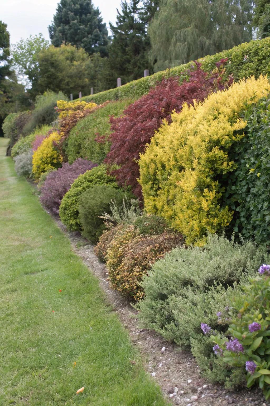 A vibrant hedge of mixed plant species.