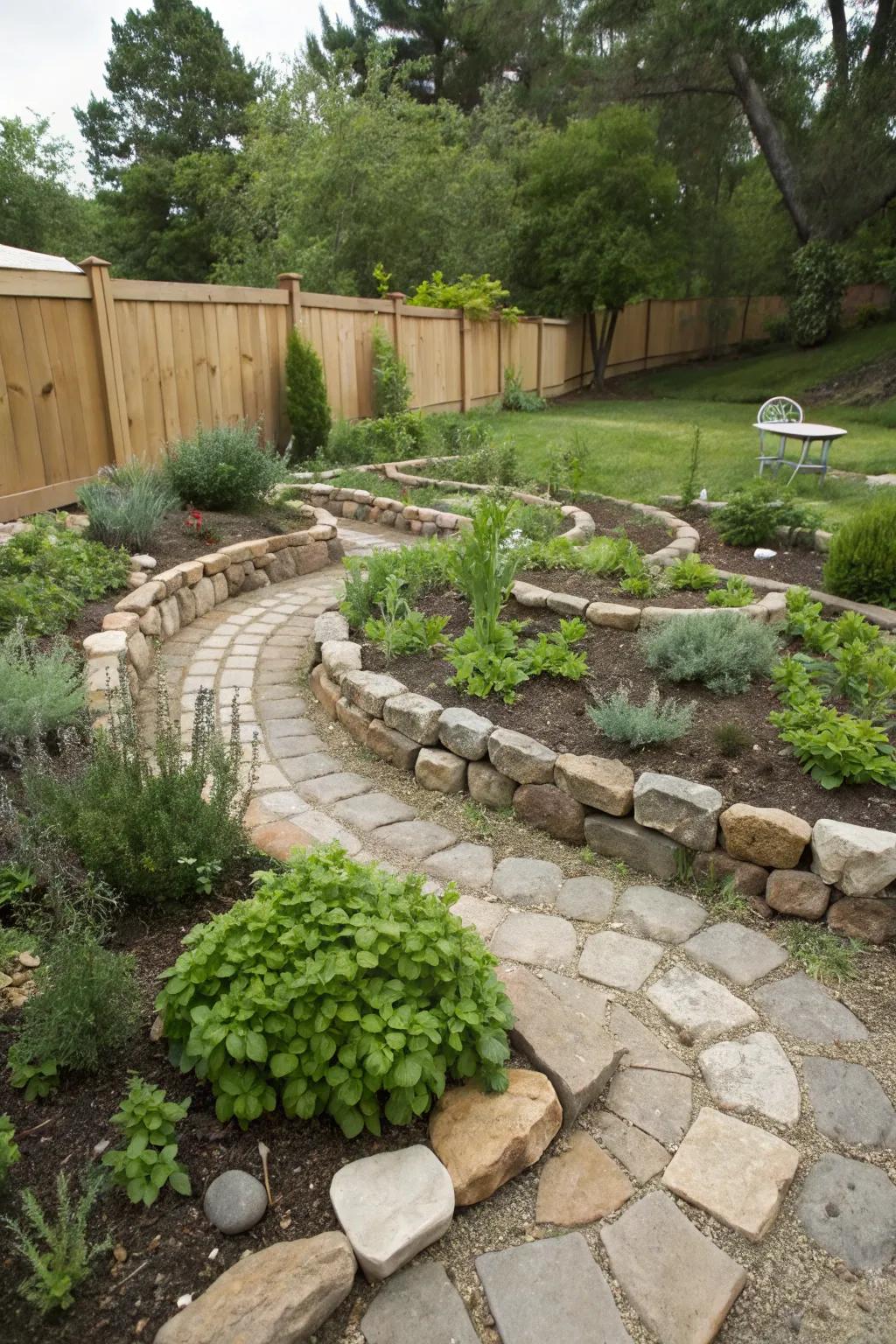 A spiral herb garden crafted with stones, showcasing a variety of herbs in a compact and artistic layout.