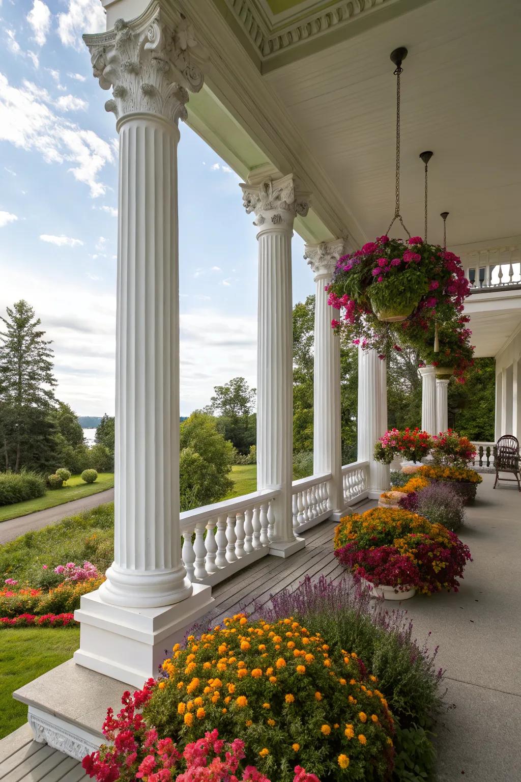 A high porch with striking column accents and colorful flowers.