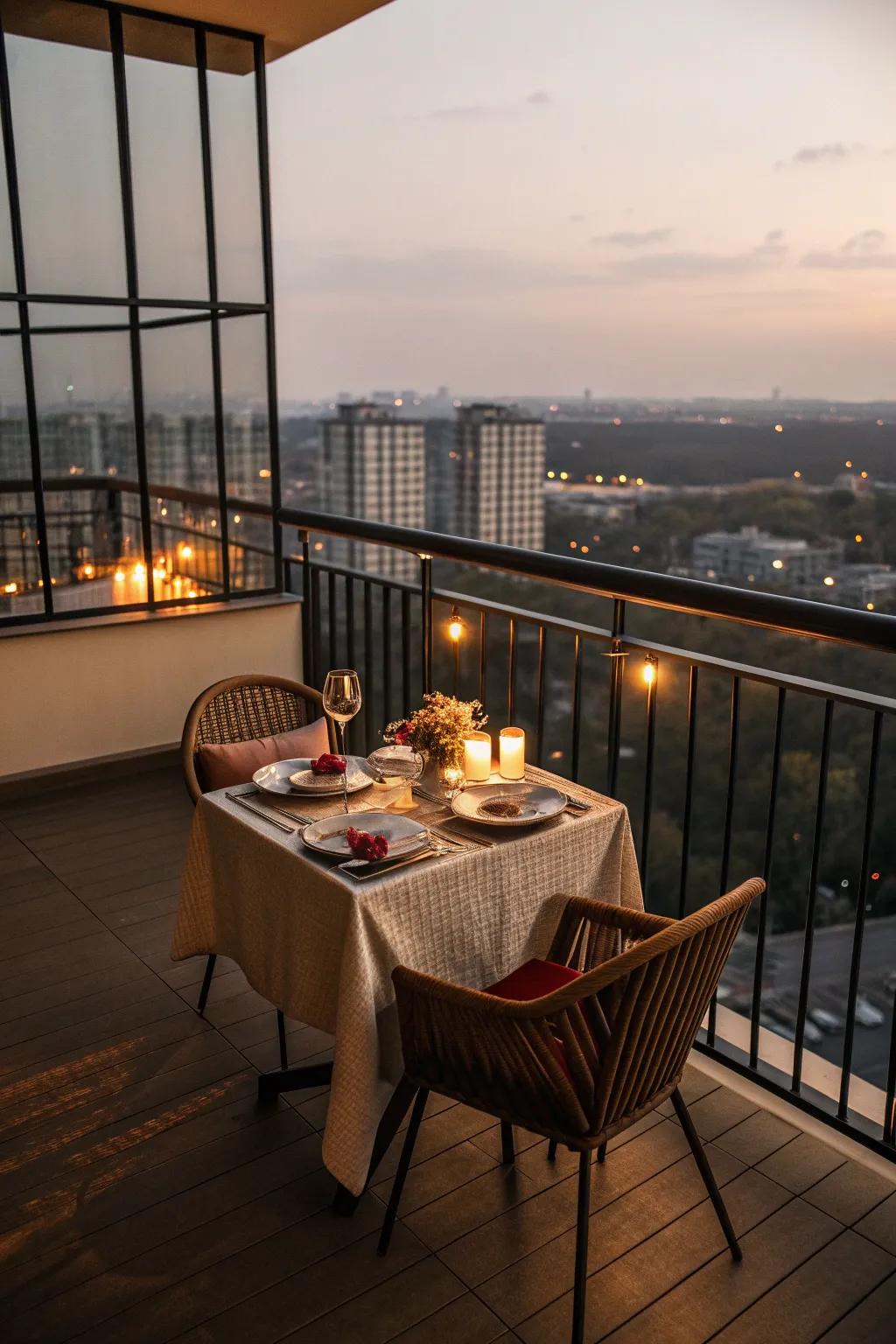An inviting alfresco dining setup on a city-view balcony.