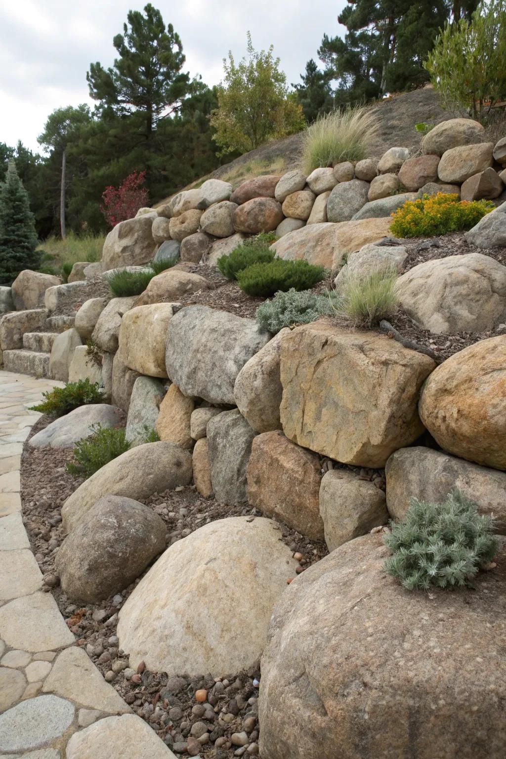 Diverse boulder sizes bring unique character and strength to this retaining wall.