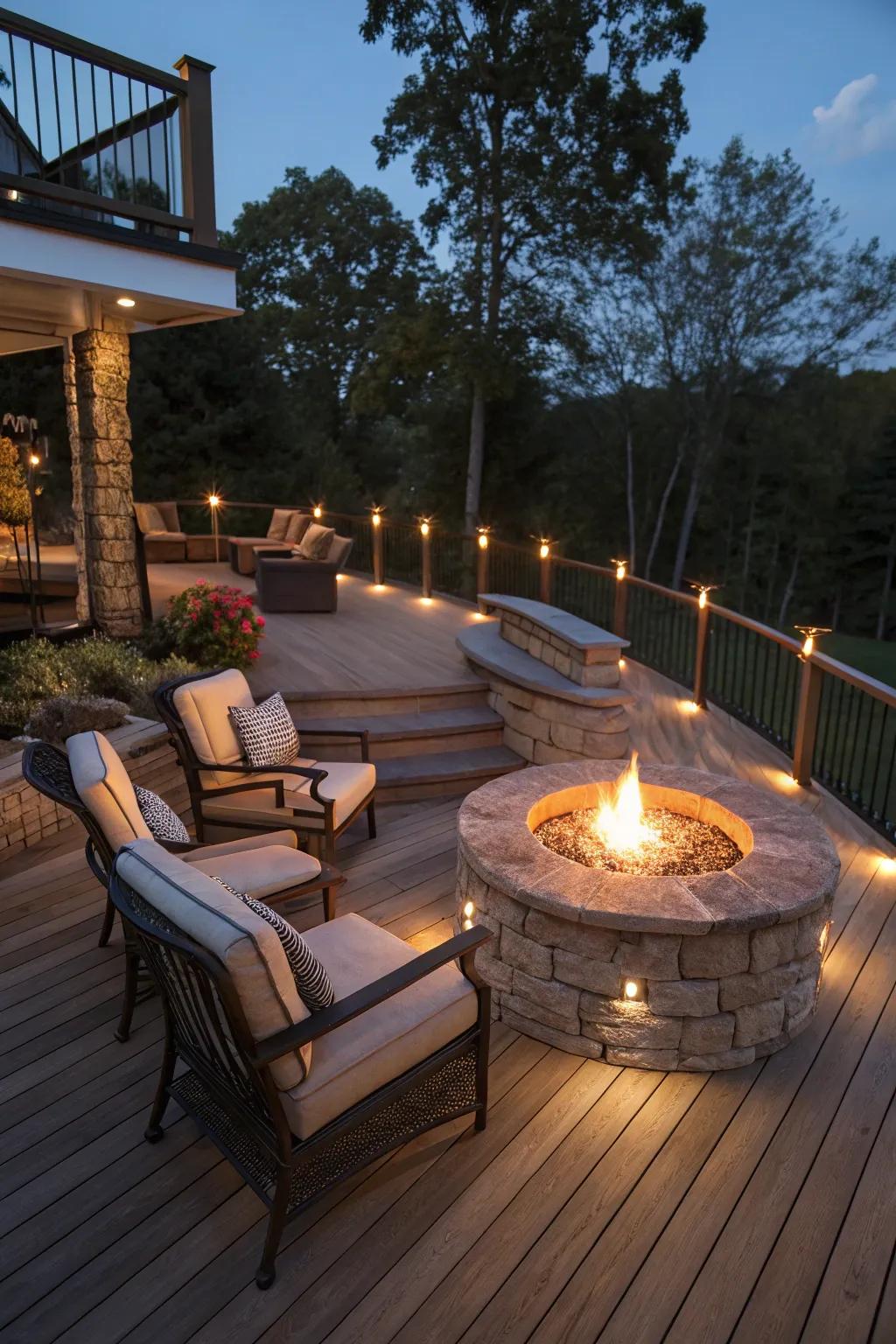 A fire pit on a deck creates a perfect gathering spot for cool evenings.