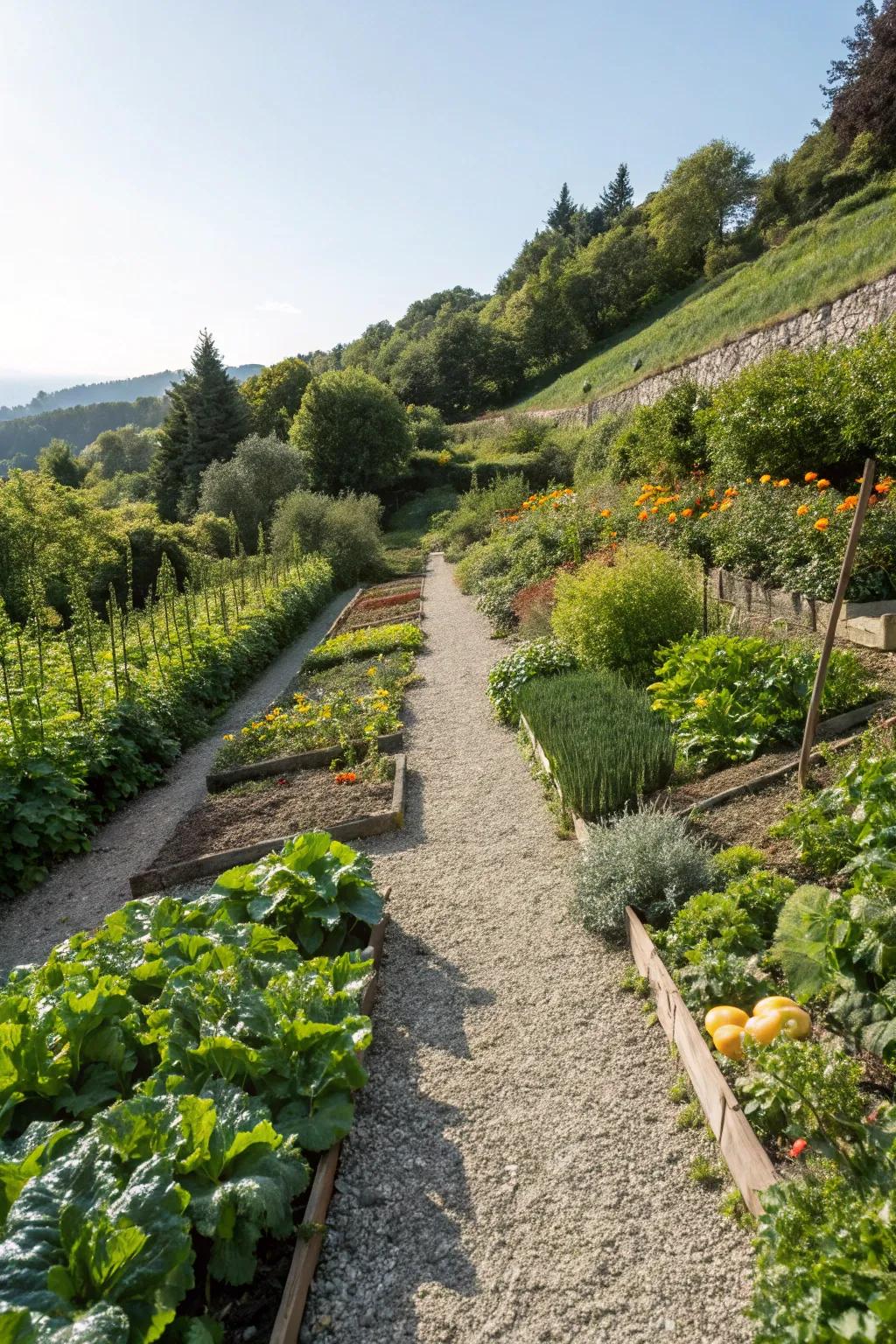 Pathways offer practical access and add a touch of rustic charm.