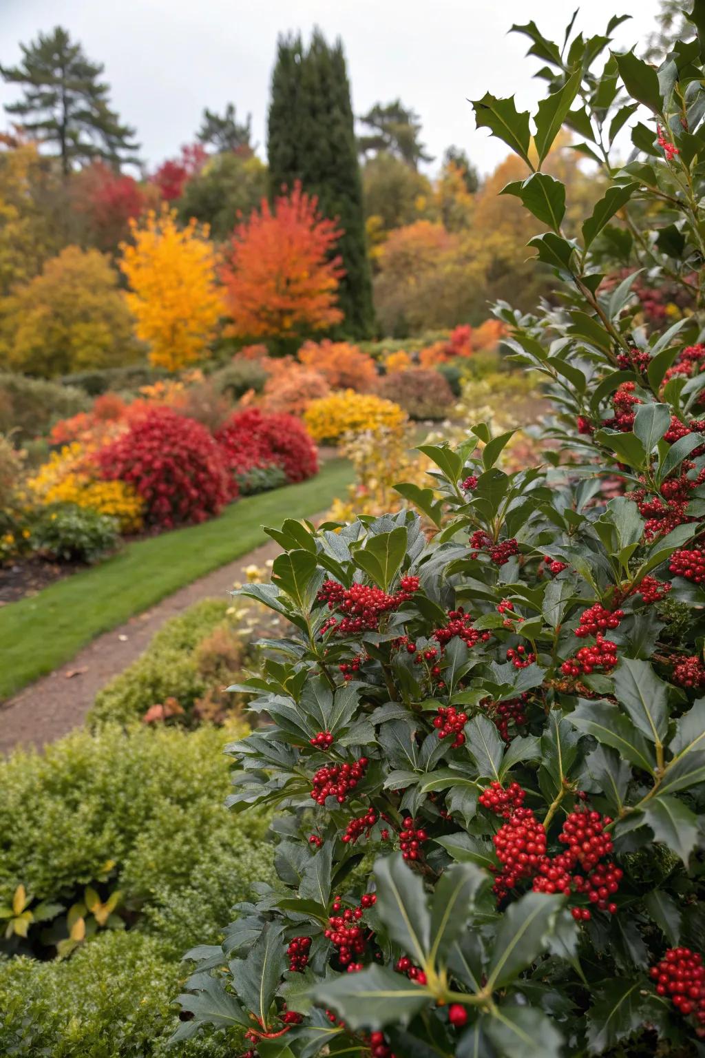 Holly bushes paired with colorful foliage for a striking contrast.