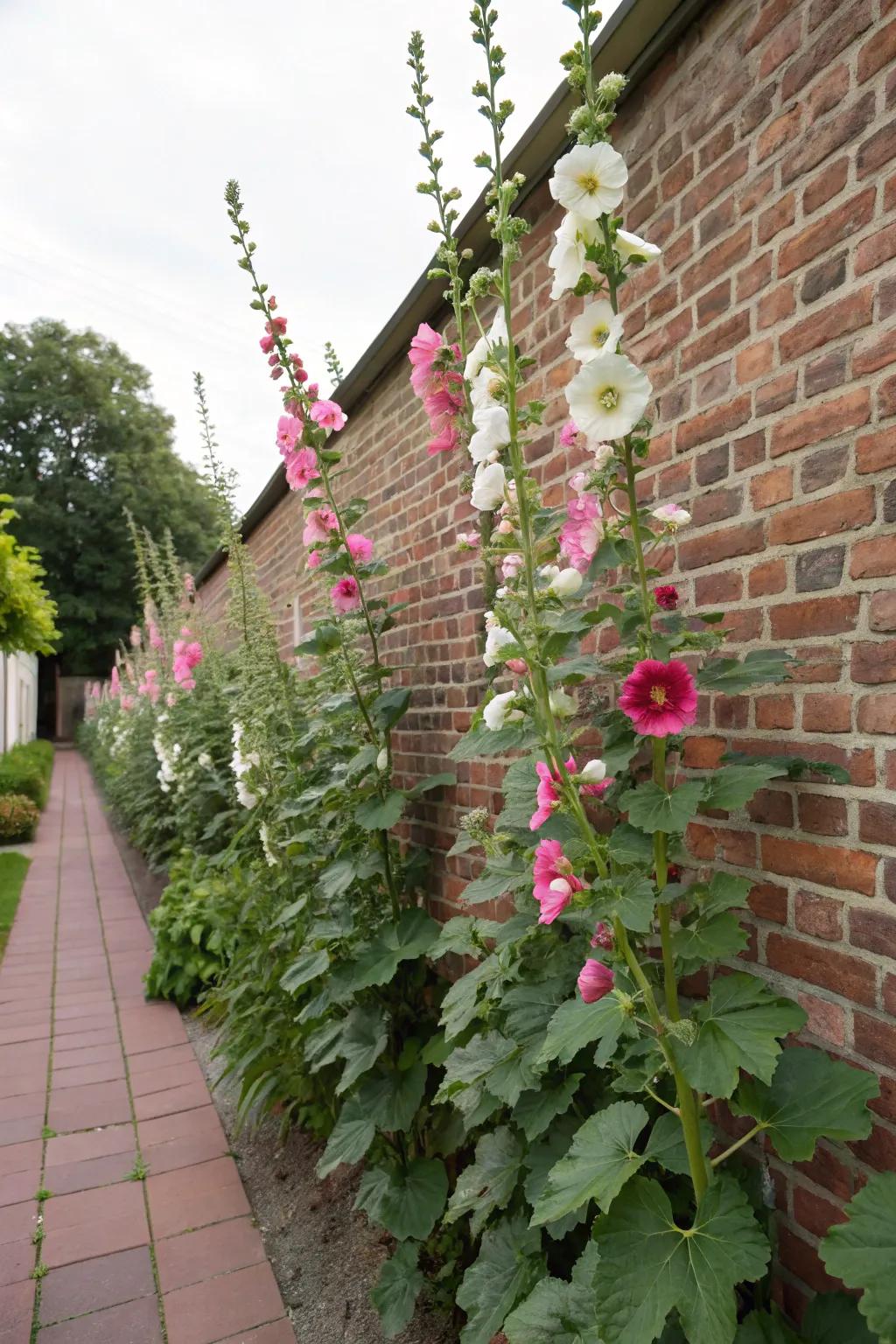 Hollyhocks towering against a wall, adding height and drama.