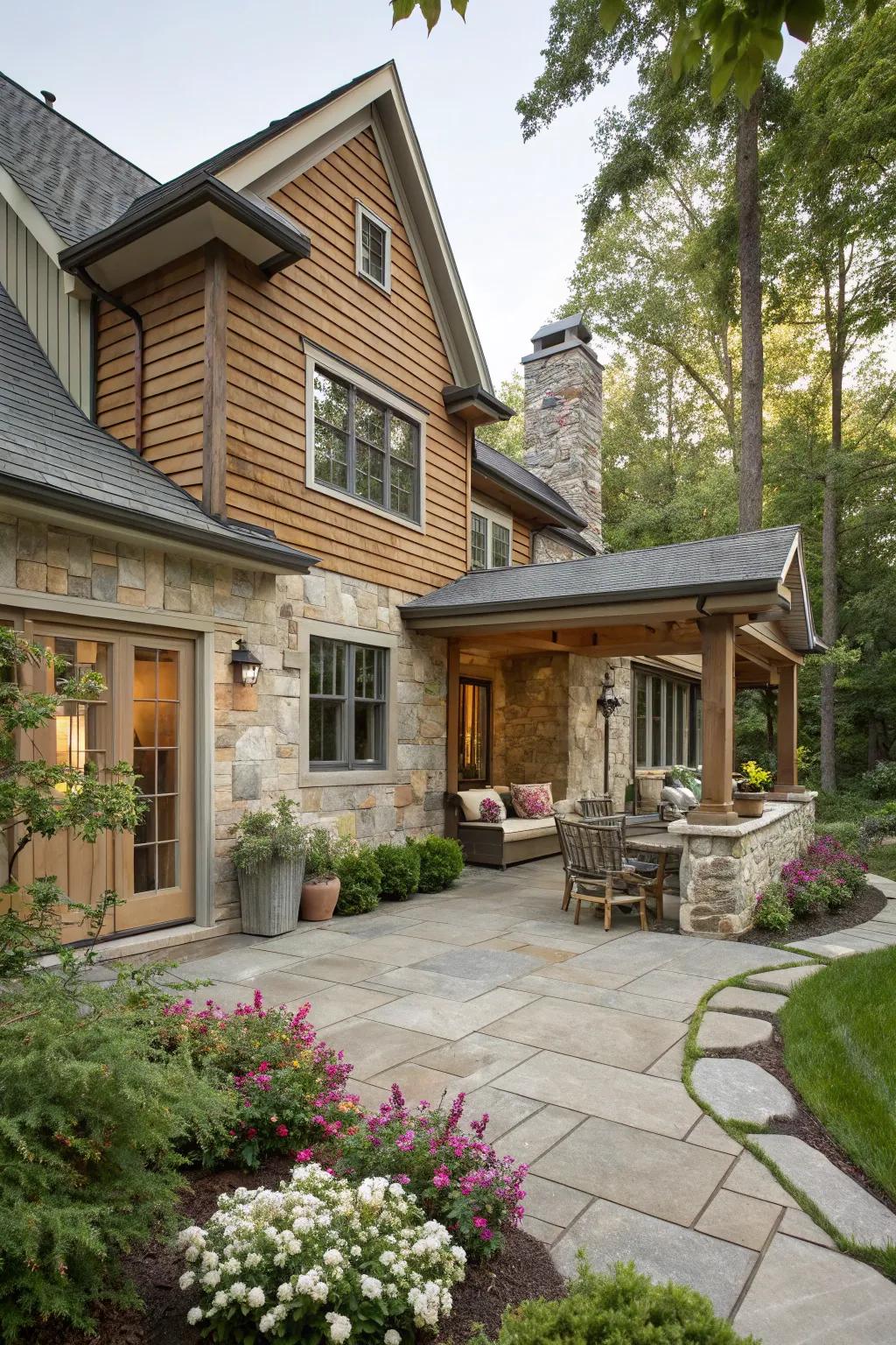 Stone and wood cladding create a harmonious blend of textures.