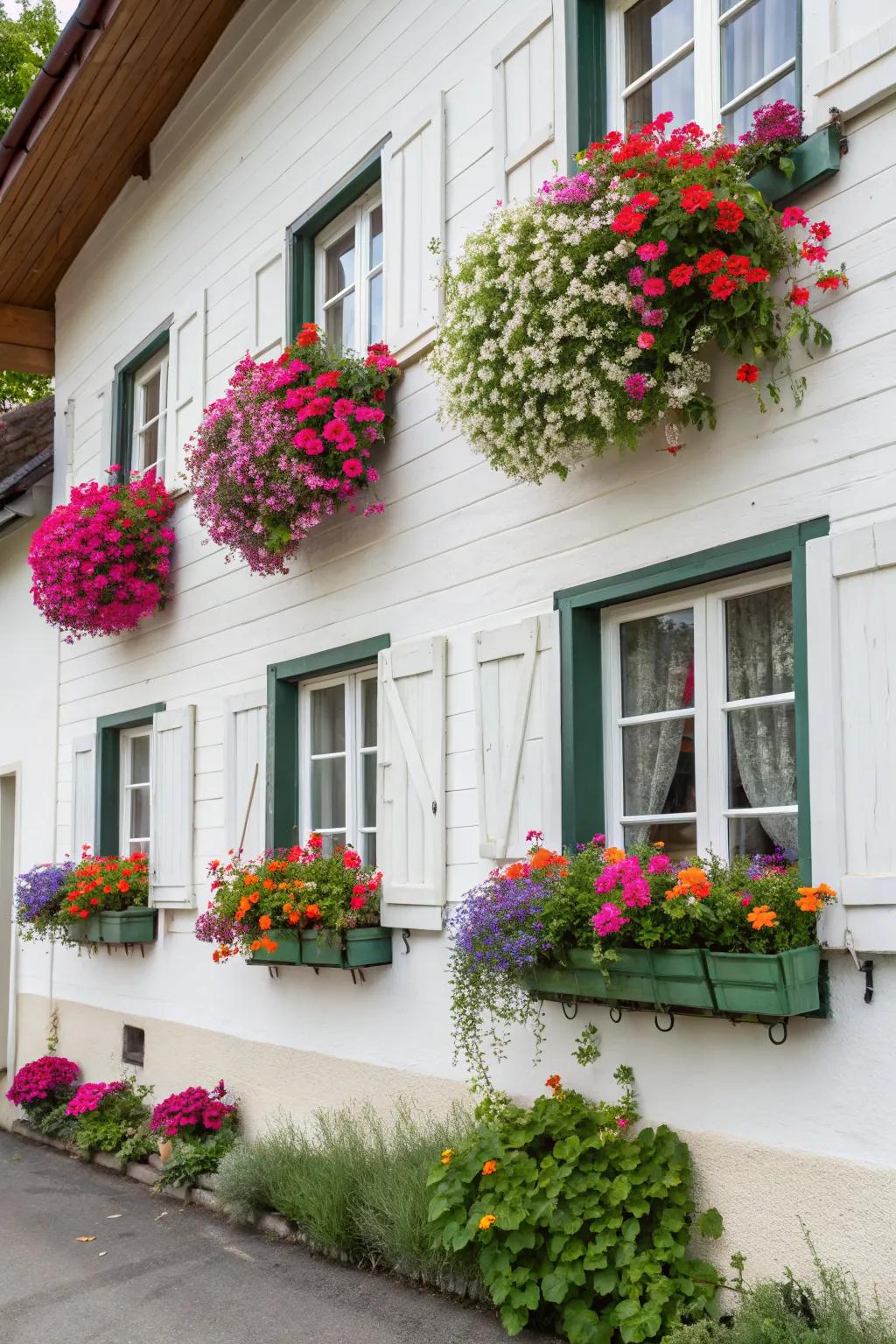 Charming window boxes brimming with vibrant flowers add a delightful touch.