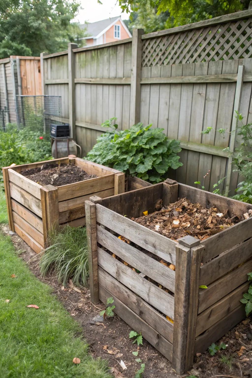Efficient composting bins transforming waste into soil.