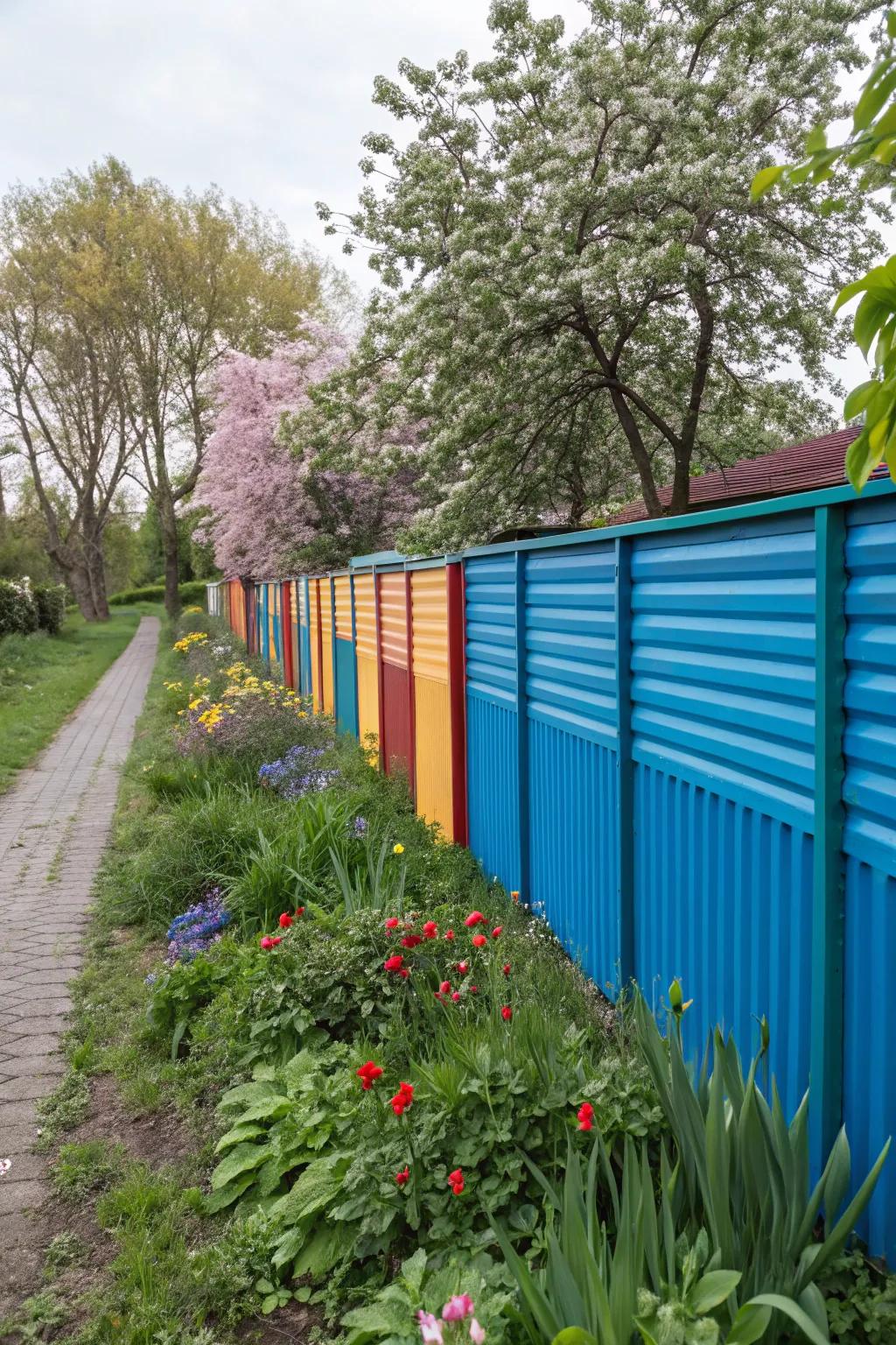 A bold blue horizontal corrugated metal fence adds a splash of color and personality to the garden.