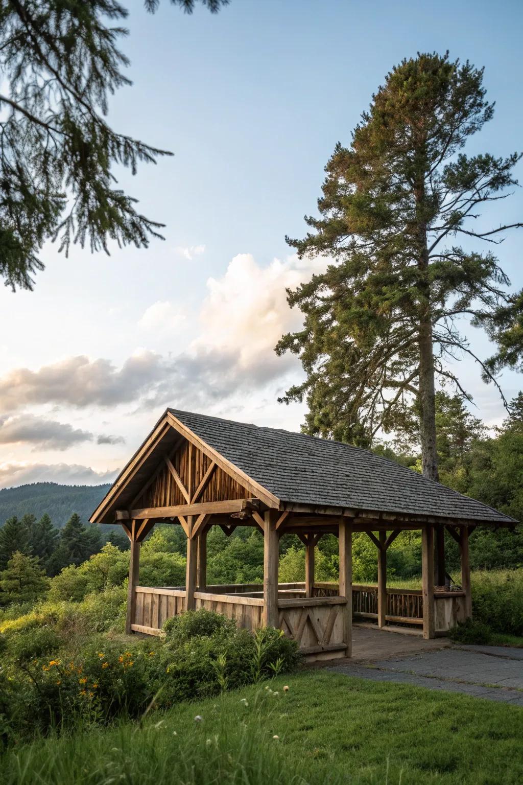 Classic wooden shelter nestled in a natural landscape.