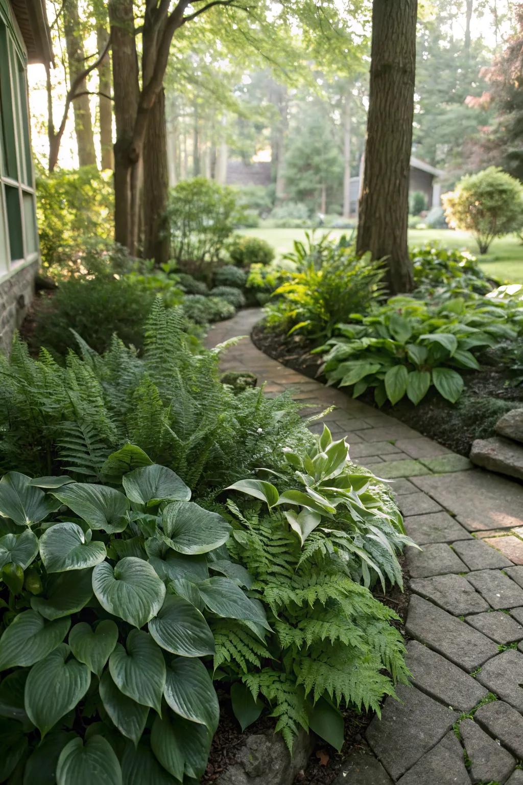 Thriving hostas and ferns brightening up a shaded garden corner.