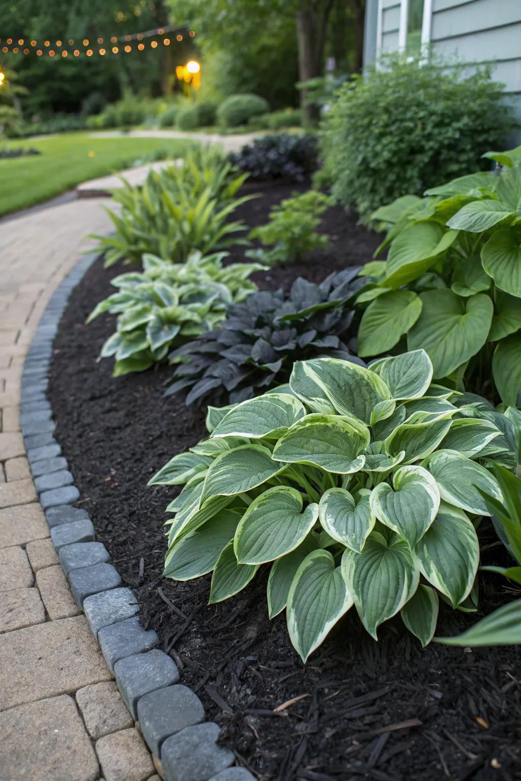 Mulch around hostas ensures a clean and well-kept garden border.