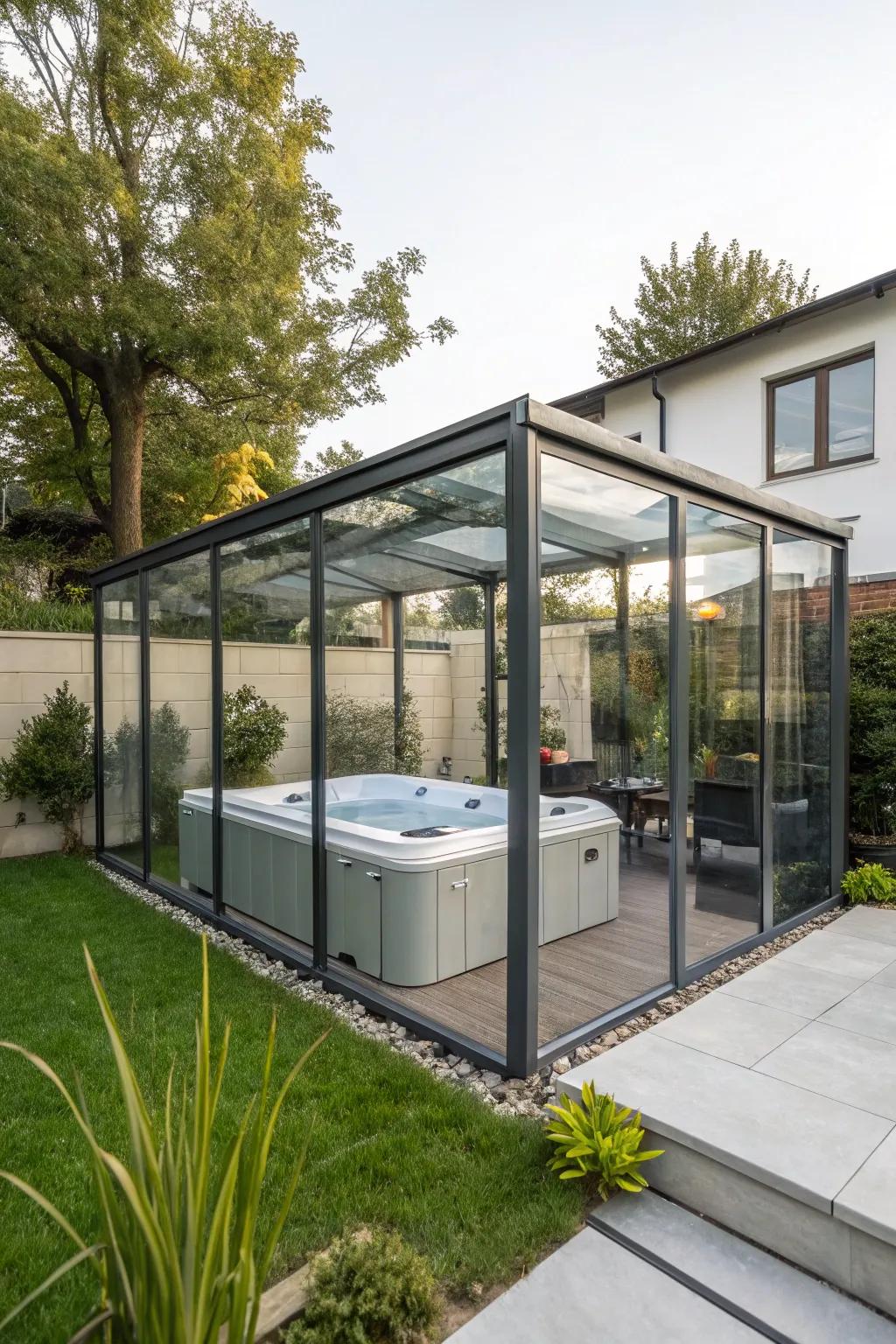 Achieve a sleek look with a modern minimalist hot tub enclosure.
