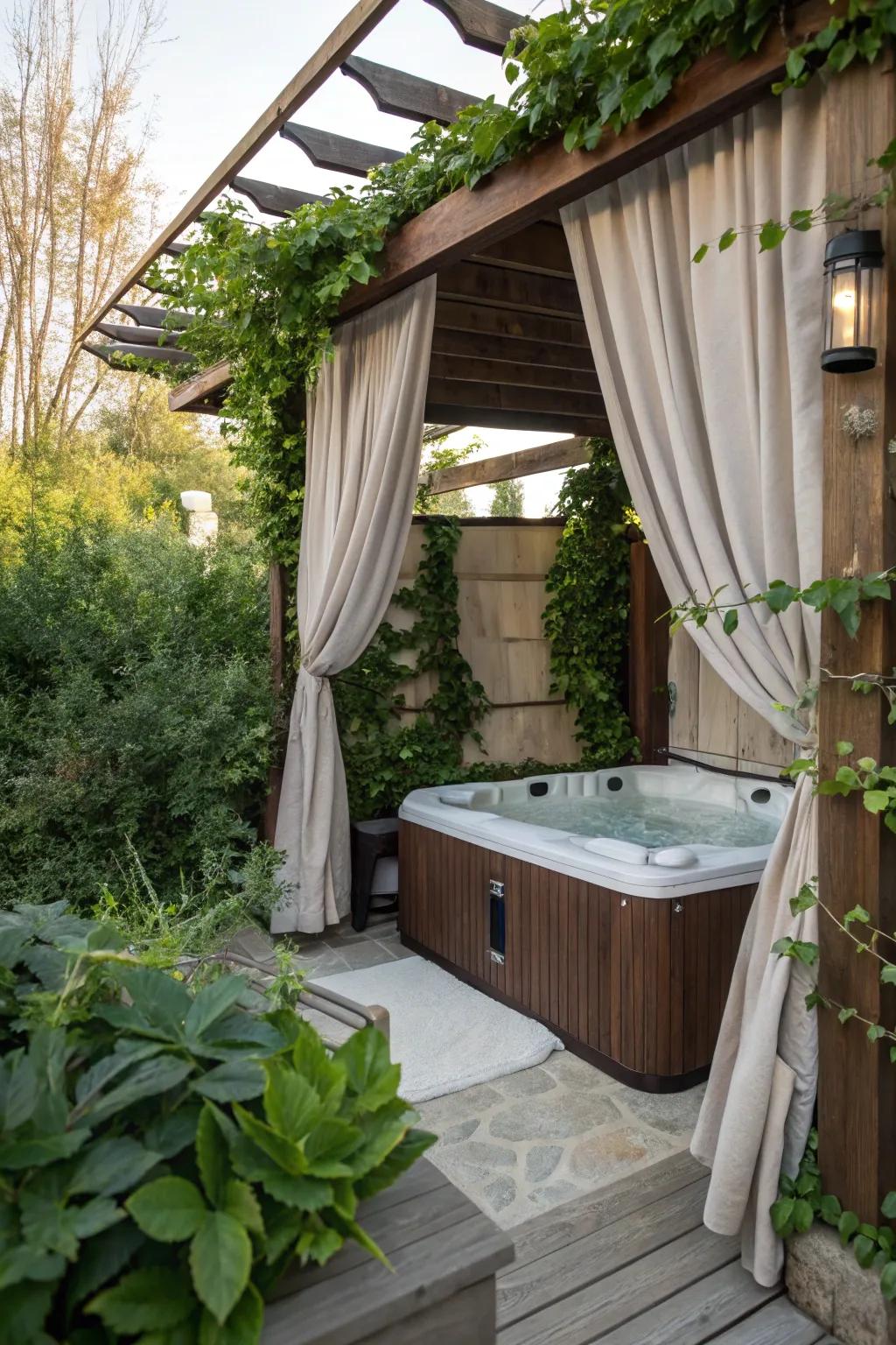 A pergola enhances this hot tub setup with elegance and natural light.