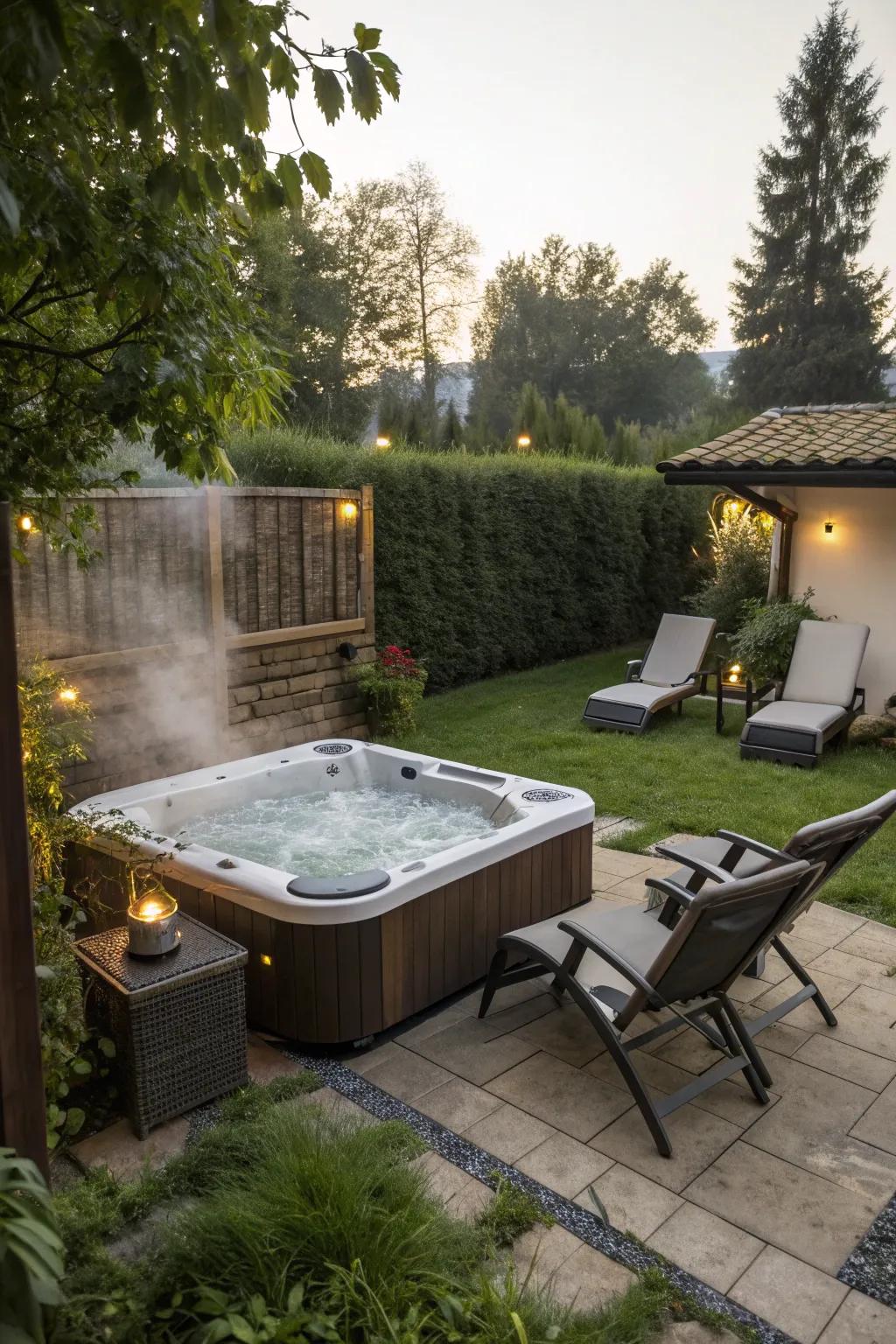 Comfortable seating enhances the hot tub area, making it perfect for relaxation.