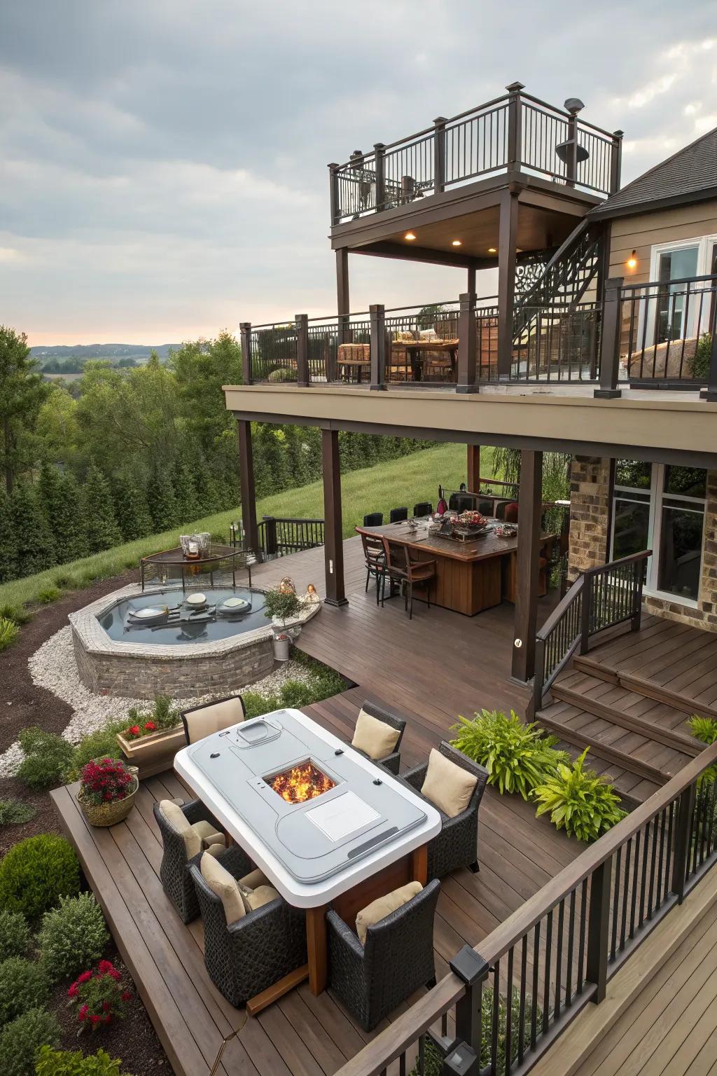Multi-level decks offer distinct zones for various activities.