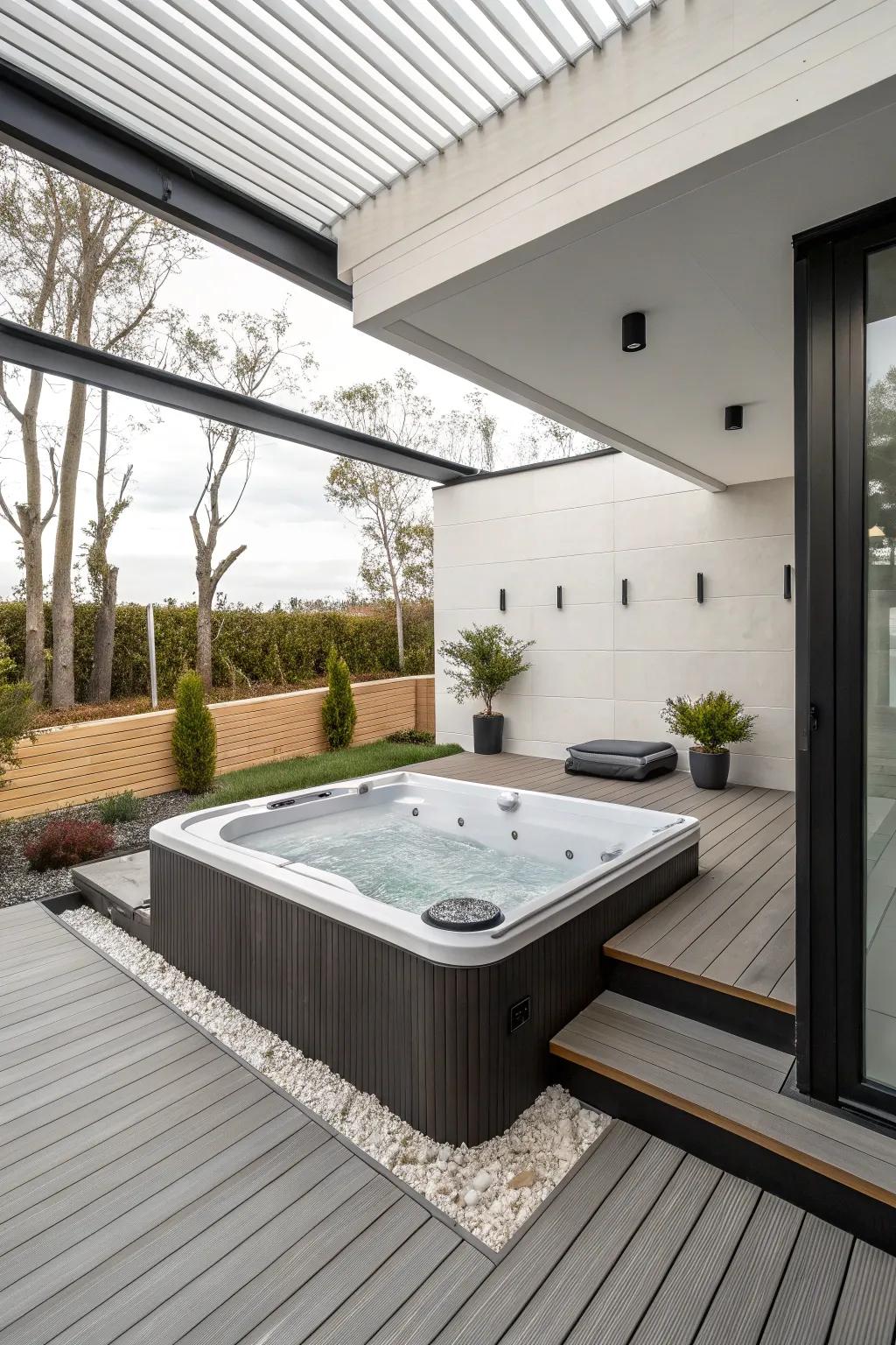 An integrated spa design offers a sleek, seamless look.
