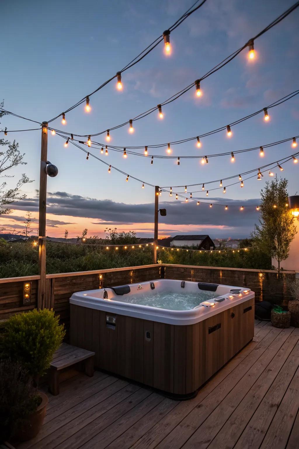 String lights bring a touch of magic to night-time hot tubbing.