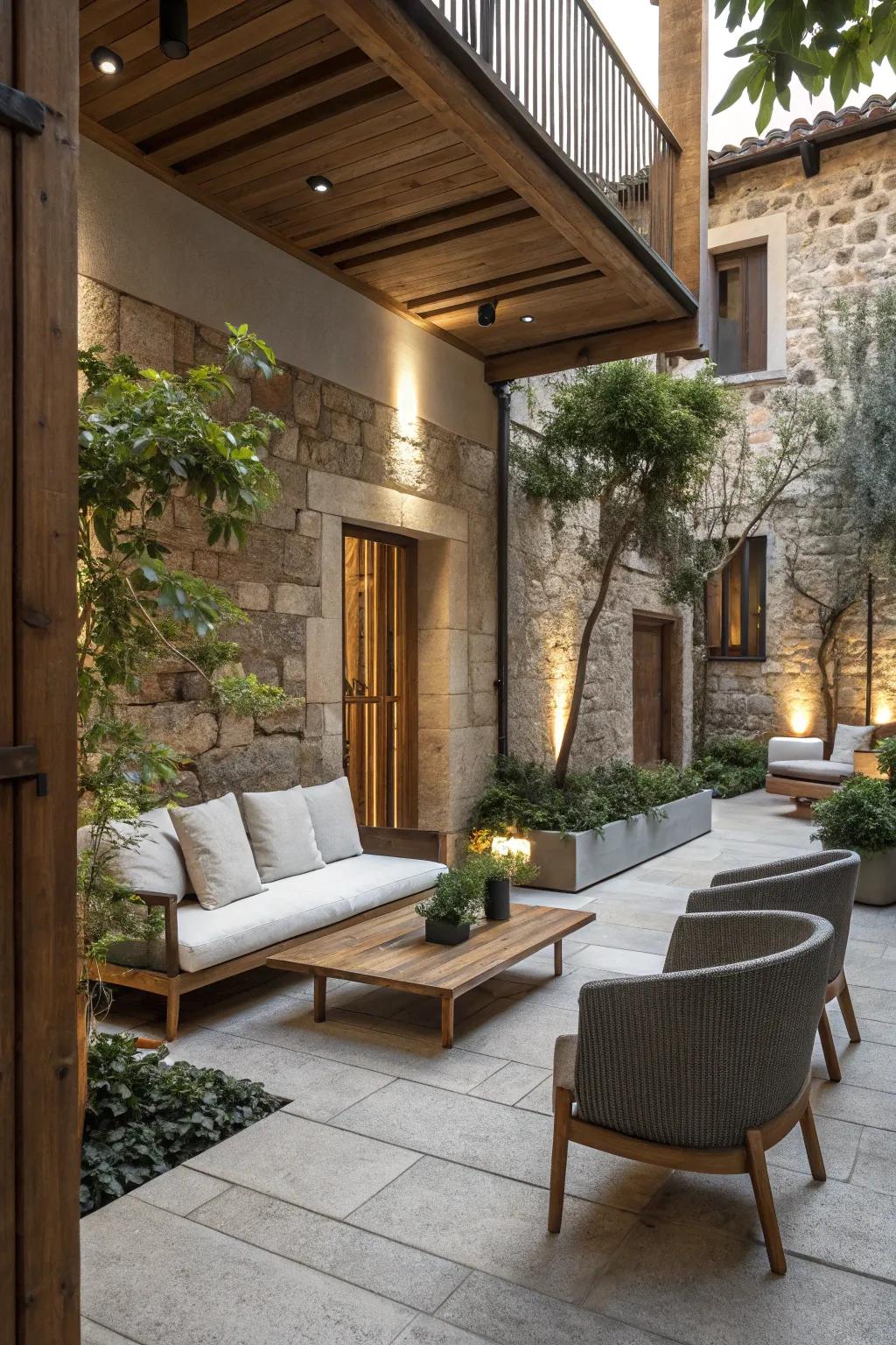 A blend of modern and traditional styles enriches courtyard design.