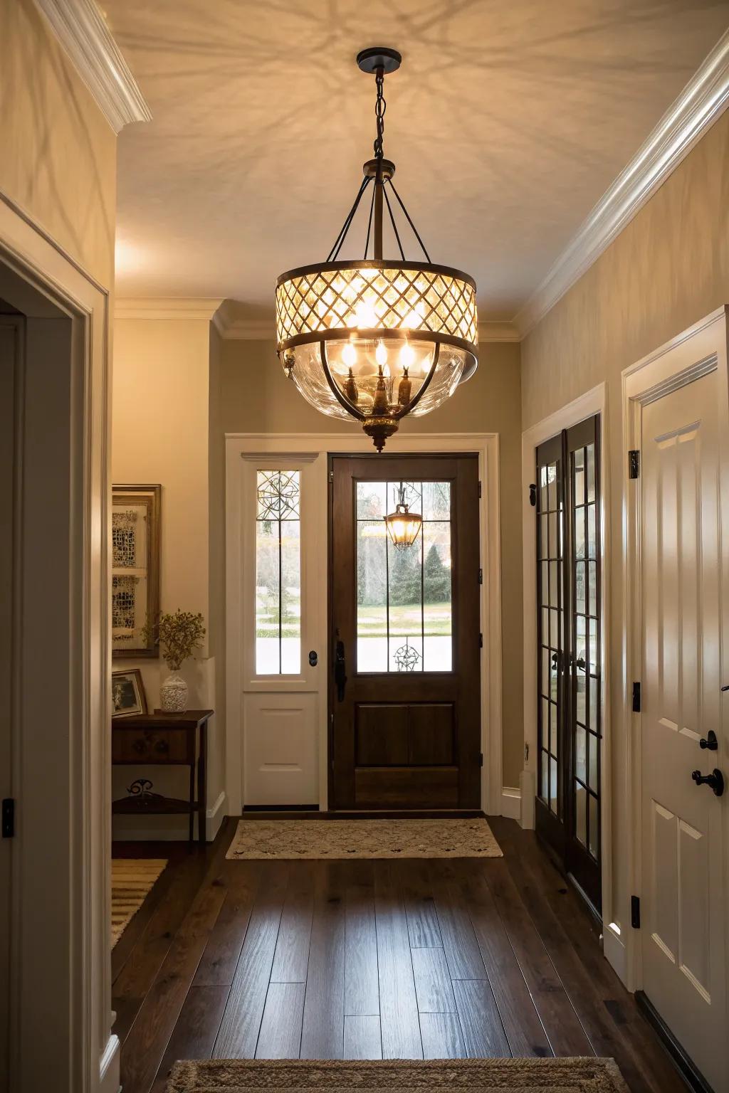 A pendant light casts a warm glow, enhancing the ambiance of the entryway.