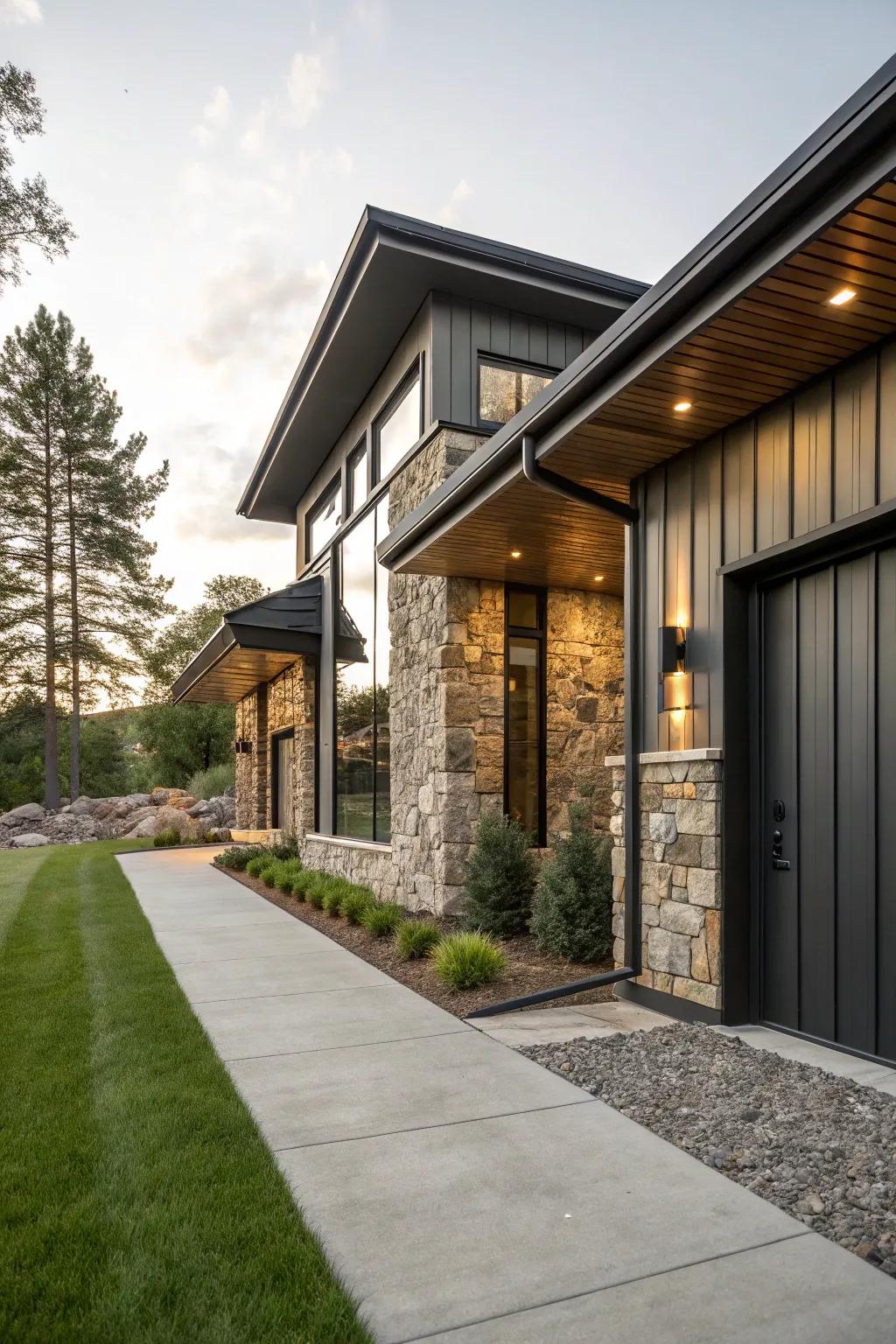 Mixing materials like stone and metal creates depth and interest.
