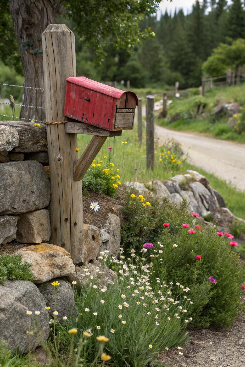 A rustic wooden mailbox that adds warmth and character