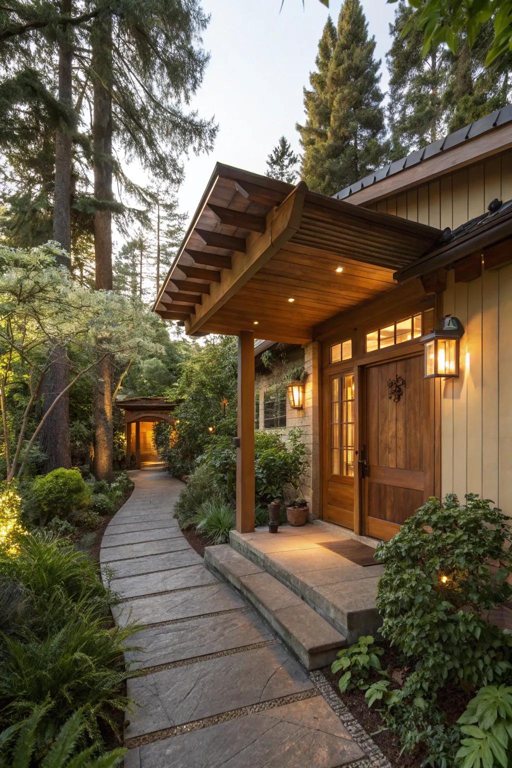 A wooden overhang that warmly welcomes you home.