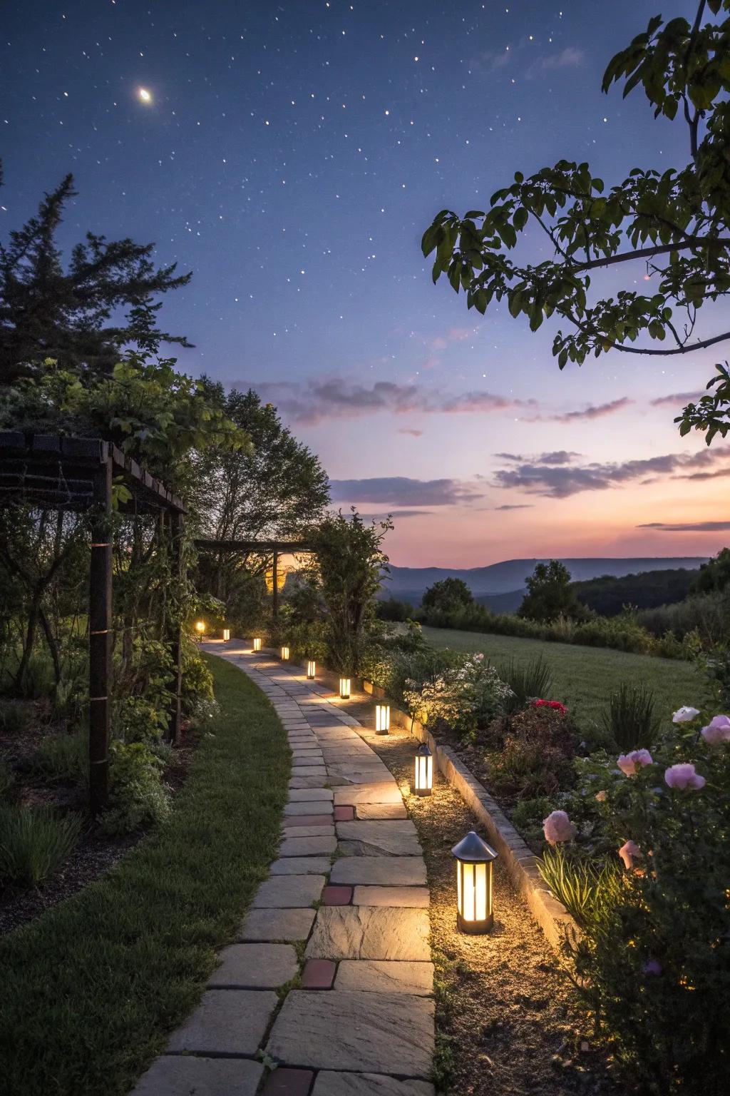 Integrated solar lighting along a garden pathway creates an enchanting evening ambiance.