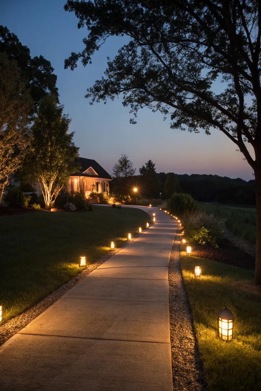 Soft lighting accents enhancing the driveway's nighttime appeal.