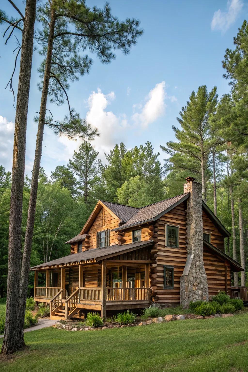 A lodge-style home featuring charming log wood siding.