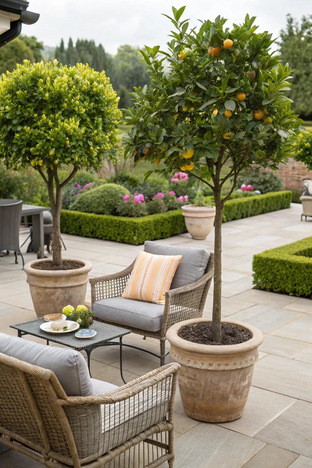 A patio transformed with container-grown fruit trees