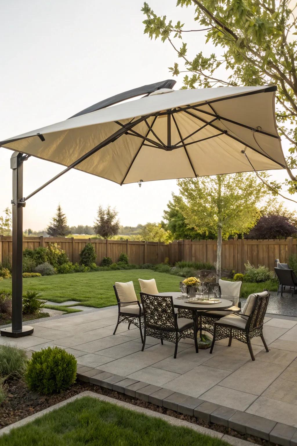A spacious outdoor seating area shaded by a versatile cantilever umbrella.